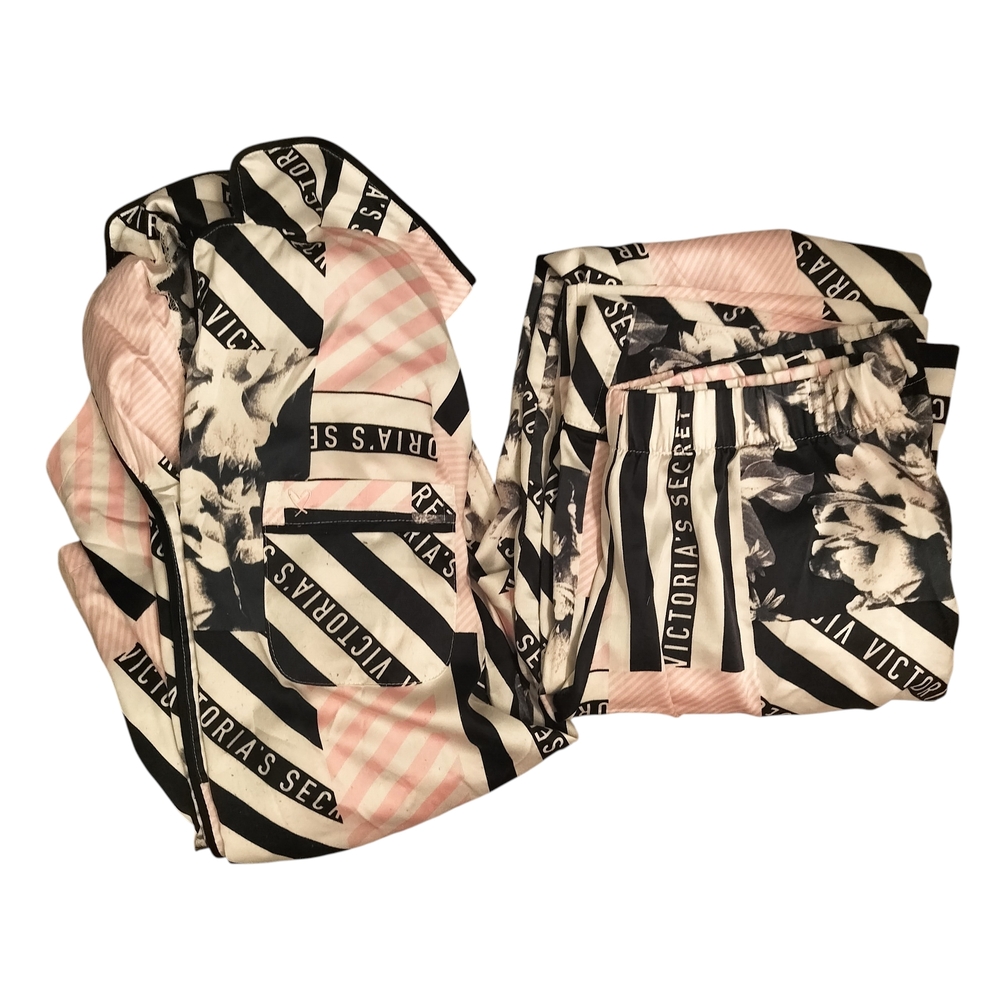 New Victoria's Secret Fashion Floral Silky Striped 2 Piece Pajama Set, XS.